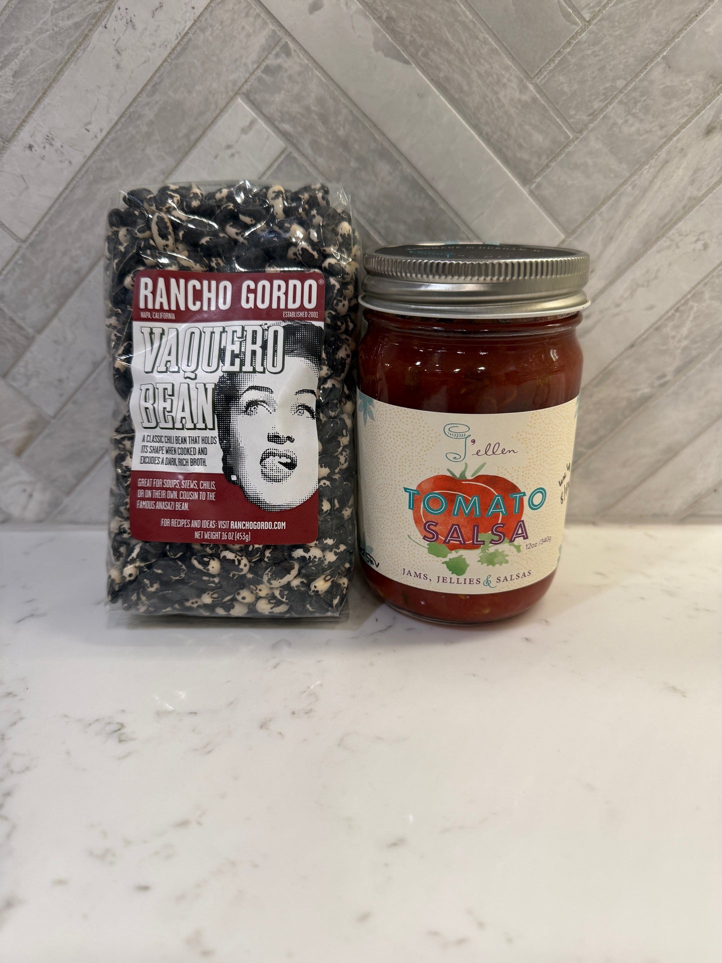 Rancho Gordo Vaquero heirloom beans and J'ellen tomato salsa