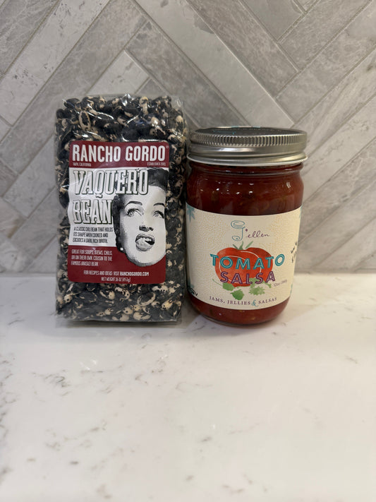 Rancho Gordo Vaquero heirloom beans and J'ellen tomato salsa